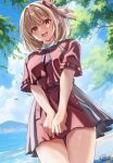  1girl absurdres belt blonde_hair blue_ribbon blush bob_cut breasts clouds collared_shirt commentary_request cowboy_shot cumulonimbus_cloud day falling_leaves grey_skirt hair_ribbon highres leaf looking_at_viewer lycoris_recoil lycoris_uniform neck_ribbon nishikigi_chisato ocean one_side_up open_mouth outdoors pleated_skirt red_belt red_eyes red_ribbon red_skirt ribbon shirt short_hair short_sleeves sidelocks signature skirt solo tearing_up teeth tree twitter_username upper_teeth_only white_shirt yomo 