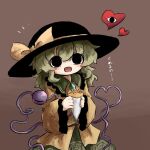  1girl :d black_eyes black_headwear blouse blush bow brown_background buttons cowboy_shot diamond_button emphasis_lines eyeball floral_print food food_request frilled_shirt_collar frilled_sleeves frills green_hair green_skirt hair_between_eyes hat hat_bow hat_ribbon heart heart_of_string heripantomorrow holding holding_food komeiji_koishi long_sleeves medium_hair open_mouth ribbon rose_print shirt simple_background skirt smile solo third_eye touhou wavy_hair wide_sleeves yellow_bow yellow_ribbon yellow_shirt 