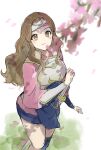  1girl armor brown_eyes brown_hair cherry_blossoms fire_emblem fire_emblem_fates hana_(fire_emblem) headband highres japanese_armor japanese_clothes katana long_hair looking_at_object o_gusi sidelocks smile solo swept_bangs sword thighs tree weapon 