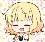  1girl :d anko_(gochiusa) blonde_hair cellphone character_profile chibi closed_eyes commentary_request floral_background gochuumon_wa_usagi_desu_ka? holding holding_phone kirima_syaro mitya open_mouth phone shirt short_sleeves simple_background smile solo twitter_username upper_body white_background white_shirt 