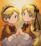  115_koubunshi 1boy 1girl aqua_eyes blonde_hair bow bowtie braid brown_bow brown_bowtie brown_capelet brown_hairband capelet closed_mouth crown_braid green_eyes hair_bow hairband holding_hands lobotomy_corporation long_hair long_sleeves looking_at_viewer medium_hair project_moon puffy_long_sleeves puffy_sleeves shirt tiphereth_a_(project_moon) tiphereth_b_(project_moon) upper_body very_long_hair white_shirt yellow_background 