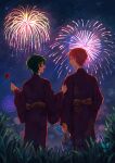  2boys absurdres arm_at_side bow candy_apple closed_eyes closed_mouth clothes_grab commentary_request ensemble_stars! feet_out_of_frame fireworks food grass green_hair hand_fan highres holding holding_fan holding_food itsuki_shu japanese_clothes kagehira_mika kimono long_sleeves looking_at_another male_focus multiple_boys night night_sky open_mouth outdoors pink_hair short_hair sky sleeve_grab valkyrie_(ensemble_stars!) violet_eyes wednesday_108 