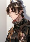  1boy absurdres arknights black_jacket brown_eyes brown_hair chong_yue_(arknights) closed_mouth commentary_request dragon_horns earrings eyebrows_hidden_by_hair grey_background grey_hair hair_between_eyes hair_over_shoulder highres horns jacket jewelry lindongquwo long_hair looking_at_viewer male_focus multicolored_hair parted_bangs pointy_ears solo streaked_hair thick_eyebrows two-tone_background upper_body 