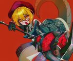  1girl blonde_hair e.g.o_(project_moon) gloves hat highres holding limbus_company nonggang_1227 official_alternate_costume open_mouth orange_eyes pants project_moon red_headwear short_hair snake_tail solo tabard tail yellow_eyes 