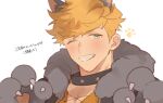  1boy animal_collar animal_costume animal_ears black_jacket blonde_hair blush collar fur-trimmed_jacket fur_trim granblue_fantasy green_eyes higashigunkan jacket male_focus one_eye_closed orange_shirt shirt short_hair smile solo teeth translation_request vane_(granblue_fantasy) vane_(halloween)_(granblue_fantasy) wolf_boy wolf_costume wolf_ears wolf_paws 