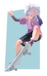  1boy closed_eyes full_body go_shika_anan green_background highres hunter_x_hunter killua_zoldyck layered_sleeves long_sleeves male_child male_focus shirt short_hair short_over_long_sleeves short_sleeves shorts skateboard skateboarding smile solo two-tone_background white_background white_hair white_shirt 