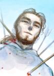  1boy arrow_(projectile) beard black_hair blood blue_tunic death facial_hair highres long_hair male_focus ponytail portrait spring_deers thors tunic vinland_saga 