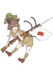  1girl animal_ears arisaka bayonet belt bolt_action boonie_hat brown_eyes brown_hair cat_ears cat_tail chen earrings gun highres imperial_japanese_army japanese_flag jewelry kill_kizu knife lapels military_uniform multiple_tails nekomata open_mouth paw_pose rifle short_hair short_sleeves single_earring sling solo tail tan_shirt touhou two_tails type_38_rifle uniform weapon 