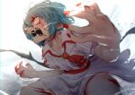  1girl absurdres ascot bat_wings blood blood_on_face blue_hair claws commentary_request fangs highres light_blue_hair looking_at_viewer red_ascot red_eyes red_nails remilia_scarlet shirt short_hair skirt solo sotatsudraw touhou white_background white_shirt white_skirt wings 