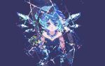  1girl blue_background blue_dress blue_eyes blue_hair breaking cirno closed_mouth curly_hair dress ice ice_wings jewelry loftyanchor looking_at_viewer necklace pixel_art shattered short_hair sparkle strapless strapless_dress touhou wings 