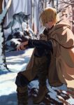  1boy blonde_hair brown_eyes cape forest fur_trim highres male_focus mumechi nature outdoors short_hair snow solo thorfinn tree tunic vinland_saga winter wolf 