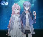  2girls aquarium black_shorts blue_eyes blue_hair blue_jacket blurry blurry_background blush braid chihuri closed_mouth collared_dress commentary_request cup depth_of_field disposable_cup drawstring dress drinking_straw ende_(chihuri) frilled_shirt_collar frills grey_jacket hair_between_eyes hair_intakes hand_up highres holding holding_cup hood hood_down hooded_jacket jacket long_hair long_sleeves multiple_girls nea_(chihuri) open_clothes open_jacket original pink_hair puffy_long_sleeves puffy_sleeves shirt short_shorts shorts sleeves_past_wrists smile very_long_hair violet_eyes white_dress white_shirt 