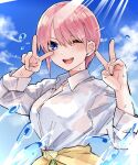  1girl :d blue_eyes blue_sky blush breasts clothes_around_waist clouds collared_shirt commentary_request double_v eyebrows_hidden_by_hair eyelashes go-toubun_no_hanayome hair_between_eyes hands_up happy highres large_breasts light_rays long_sleeves looking_at_viewer mame1645 nakano_ichika one_eye_closed open_mouth pink_hair round_teeth shirt short_hair sky smile solo teeth upper_body upper_teeth_only v water white_shirt 