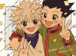  2boys artist_name black_hair blue_eyes dated gon_freecss green_jacket hunter_x_hunter jacket killua_zoldyck looking_at_viewer male_child male_focus multiple_boys okome_325 shirt short_hair spiky_hair v white_hair white_shirt 