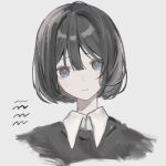  1girl artist_name black_eyes black_sweater bob_cut closed_mouth collared_shirt commentary cropped_torso grey_background hair_between_eyes head_tilt highres looking_at_viewer niaa original shirt short_hair sidelocks simple_background solo sweater white_shirt 