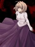  1girl arcueid_brunestud arm_behind_back black_background blonde_hair closed_mouth commentary hair_intakes holding_own_arm long_skirt long_sleeves looking_to_the_side purple_skirt red_eyes shirt short_hair skirt solo tara3763 tsukihime white_shirt 
