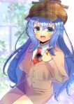  1girl :d blue_hair blurry blurry_background brown_capelet brown_headwear brown_jacket brown_ribbon brown_skirt cabbie_hat capelet collared_shirt commentary_request commission depth_of_field green_eyes hair_between_eyes hand_up hat holding holding_smoking_pipe jacket kou_hiyoyo long_hair looking_at_viewer necktie original pencil_skirt plaid_headwear red_necktie ribbon shirt skeb_commission skirt smile smoking_pipe solo unmoving_pattern very_long_hair white_shirt window 