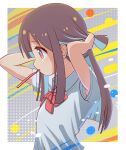  1girl abstract_background alternate_hair_length alternate_hairstyle armpit_peek bare_arms blue_hair blunt_bangs blunt_ends bow bowtie brown_eyes brown_hair colored_inner_hair commentary from_side highres hozuki_momiji long_hair mouth_hold multicolored_hair onii-chan_wa_oshimai! profile red_bow red_bowtie shirt short_ponytail short_sleeves sidelocks solo toothbrush_in_mouth two-tone_hair upper_body white_shirt wing_collar yojiro11 