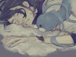 altaria augustine_sycamore bed_sheet black_eyes black_hair closed_eyes closed_mouth cuddling empty_eyes facial_hair feather_hair long_hair looking_at_another lying lying_on_person pokemon pokemon_(creature) sleeping stubble watch watch 