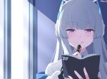  1girl :q blue_archive blunt_bangs book commentary highres holding holding_book holding_pen long_hair noa_(blue_archive) pen reia_76 shirt tongue tongue_out twitter_username upper_body violet_eyes white_hair white_shirt 