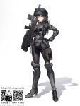  1girl armor armored_bodysuit bodysuit brown_hair copyright_request full_body gun hand_on_own_hip helmet highres holding holding_gun holding_weapon kakizaka_hachishika long_hair looking_at_viewer rifle shadow solo standing thigh_pouch violet_eyes weapon white_background 