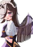  1girl absurdres animal_ears black_gloves blush brown_hair dress fake_wings fang frilled_headwear gloves hair_over_one_eye headdress highres horse_ears horse_girl horse_tail long_hair make_up_in_halloween!_(umamusume) open_mouth puffy_short_sleeves puffy_sleeves rice_shower_(make_up_vampire!)_(umamusume) rice_shower_(umamusume) short_sleeves simple_background smile solo tail tail_through_clothes umamusume upper_body violet_eyes white_background white_dress white_headdress wings yokawa_nagi 