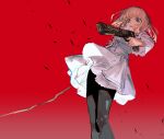  black_thighhighs blonde_hair dress gun highres holding leivinia_birdway looking_down red_background staff thigh-highs toaru_majutsu_no_index user_pmau3372 weapon white_dress 