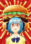  1girl @_@ absurdres blue_bow blue_hair blue_ribbon blush bow burger burger_hair_ornament cheese collared_shirt drooling food food-themed_hair_ornament french_fries hair_between_eyes hair_ornament hamburger-chan_(hundredburger) highres ko-chin-4327 lettuce meat mouth_drool no_nose open_mouth original red-framed_eyewear red_background red_eyes ribbon semi-rimless_eyewear shirt short_hair solo sweater tomato tomato_slice upper_body white_shirt 
