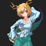  1girl arm_behind_head black_background blonde_hair blue_bow blue_shirt blush bow breasts collarbone commentary_request cowboy_shot dragon_girl dragon_horns dragon_tail eaglov green_skirt hand_on_own_hip highres horns kicchou_yachie large_breasts long_sleeves looking_at_viewer pixel_art red_eyes shirt short_hair simple_background skirt solo tail touhou turtle_shell variant_set 