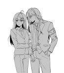  1boy 1girl ahoge ap5ry armband collared_shirt greyscale hair_ornament hairclip hand_on_own_arm hands_in_pockets highres hod_(project_moon) jacket lobotomy_corporation long_hair monochrome necktie netzach_(project_moon) pants project_moon shirt skirt very_long_hair white_background wing_collar 