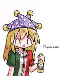  blonde_hair closed_eyes clownpiece corona_(brand) happy hat jester_cap kasuya_baian long_hair mexican_flag_dress mexican_flag_print neck_ruff open_mouth polka_dot pom_pom_(clothes) purple_headwear short_sleeves simple_background spanish_text touhou white_background 
