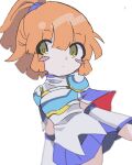  1girl arle_nadja armor blue_armor blue_skirt blush_stickers breastplate capelet closed_mouth enorari film_grain frown hair_between_eyes looking_to_the_side madou_monogatari miniskirt orange_hair pleated_skirt ponytail puyopuyo shirt shoulder_armor skirt solo standing two-sided_fabric white_shirt yellow_eyes 