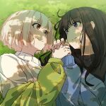  2girls black_hair black_shirt blonde_hair blue_cardigan bob_cut cardigan closed_mouth commentary dappled_sunlight eye_contact fafayu_0425 grass green_jacket highres holding_hands inoue_takina jacket long_hair long_sleeves looking_at_another lycoris_recoil lying multiple_girls nishikigi_chisato on_back puffy_sleeves red_eyes shadow shirt sidelocks smile sunlight sweater twitter_username upper_body violet_eyes white_sweater yuri 