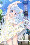  1girl :d aircraft animal_ears arm_up bare_arms bare_shoulders blue_eyes blue_hair blue_sky blush cat_ears cat_tail commentary cowboy_shot day dress fang head_tilt hot_air_balloon long_hair looking_ahead looking_at_viewer mint_(uchi_no_pet_jijou) off-shoulder_dress off_shoulder open_mouth outdoors outstretched_arm pointing sky smile solo spaghetti_strap star_(symbol) star_in_eye straight-on symbol-only_commentary symbol_in_eye tail tareme tower uchi_no_pet_jijou white_dress yano_mitsuki_(artist) 