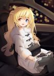  1girl :d aged_up alternate_costume arms_at_sides bag black_bag black_gloves black_pantyhose blonde_hair blue_eyes blurry blurry_background blush car_interior casual coat commentary eyelashes feet_out_of_frame fur-trimmed_coat fur-trimmed_gloves fur_trim gloves gloves_removed hair_between_eyes handbag happy heterochromia highres light_particles long_hair looking_at_viewer nakatsu_shizuru night open_mouth pantyhose rewrite sitting sleeves_past_wrists smile solo tagame_(tagamecat) twintails very_long_hair white_coat white_fur winter yellow_eyes 