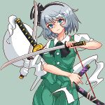  1girl aqua_eyes black_bow black_bowtie black_hairband bow bowtie closed_mouth collared_shirt commentary_request eaglov ghost green_skirt green_vest grey_background hairband highres holding holding_sword holding_weapon katana konpaku_youmu konpaku_youmu_(ghost) looking_at_viewer multiple_swords pixel_art shirt simple_background skirt solo sword touhou variant_set vest weapon white_shirt 
