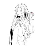  1girl angela_(project_moon) ap5ry closed_eyes closed_mouth coat collared_shirt greyscale hand_up lobotomy_corporation long_hair long_sleeves monochrome necktie parted_bangs project_moon shirt sidelocks simple_background solo spot_color untying_hair upper_body very_long_hair vest wing_collar 