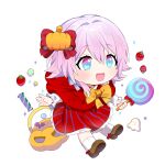  1girl :d alternate_costume blue_eyes bow bowtie brown_footwear candy chibi earrings food fruit full_body halloween_bucket honkai:_star_rail honkai_(series) jewelry jin2 long_sleeves march_7th_(honkai:_star_rail) medium_hair pink_eyes pink_hair red_hood red_skirt single_earring skirt smile socks solo strawberry two-tone_eyes white_background white_socks yellow_bow yellow_bowtie 