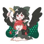  2girls :3 :d animal animal_ear_fluff animal_ears arm_up bare_legs barefoot bird_wings black_hair black_pantyhose black_wings blunt_bangs bow braid cape cat_ears closed_eyes commentary_request dress drooling fish food fork green_bow green_cape green_dress hair_bow hair_ribbon holding holding_animal holding_fish holding_fork kaenbyou_rin kneeling long_hair long_sleeves mouth_drool multiple_girls open_mouth pancake pantyhose puffy_short_sleeves puffy_sleeves red_eyes redhead reiuji_utsuho ribbon rn_(sbr2933090) saliva saliva_on_head short_sleeves simple_background sitting smile touhou tress_ribbon twin_braids wariza white_background white_cape wings 
