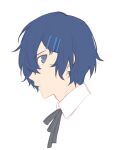  1boy absurdres blue_eyes blue_hair closed_mouth grey_ribbon hair_between_eyes hair_ornament hairclip highres looking_at_viewer looking_to_the_side male_focus neck_ribbon persona persona_3 ribbon short_hair simple_background sketch solo tsubsa_syaoin white_background yuuki_makoto 