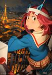  1girl absurdres against_railing blue_shirt brown_eyes brown_skirt cityscape eiffel_tower flcl from_behind highres khyle. lighter lips long_sleeves looking_at_viewer looking_back medium_hair miniskirt outdoors paris patreon_username plaid plaid_skirt pleated_skirt railing redhead sailor_collar samejima_mamimi school_uniform shirt short_hair skirt solo web_address white_sailor_collar 