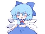  1girl :p bare_arms blue_bow blue_dress blue_eyes blue_hair blush bow chahan_(fried_rice0614) cirno dress food hair_bow holding holding_food holding_popsicle ice ice_wings popsicle puffy_short_sleeves puffy_sleeves short_hair short_sleeves simple_background slit_pupils smile solo tongue tongue_out touhou v-shaped_eyebrows white_background wings 