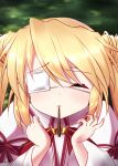  1girl :3 blonde_hair blush closed_eyes closed_mouth commentary_request day dress eyepatch food food_in_mouth furrowed_brow grass hair_between_eyes hands_up incoming_pocky_kiss juliet_sleeves kazamatsuri_institute_high_school_uniform long_hair long_sleeves nakatsu_shizuru one_eye_covered outdoors pink_dress pocky pocky_day pocky_in_mouth pov puffy_sleeves red_ribbon rewrite ribbon school_uniform shirt solo tagame_(tagamecat) twintails white_shirt 
