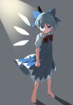  1girl :/ backlighting barefoot blue_bow blue_dress blue_eyes blue_hair bow bowtie cirno clenched_hand dress flat_chest frilled_shirt_collar frills full_body grey_background hair_bow highres ice ice_wings keiki8296 looking_at_viewer puffy_short_sleeves puffy_sleeves red_bow red_bowtie serious shadow short_hair short_sleeves solo standing touhou v-shaped_eyebrows wings 