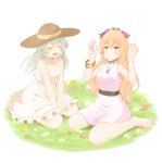  2girls :d absurdres adapted_costume alternate_costume alternate_hairstyle bangle bare_legs bare_shoulders barefoot belt between_legs blush bracelet breasts closed_eyes closed_mouth commentary_request dress flower frills grass green_hair hair_down hand_between_legs hands_up happy hat highres jewelry komeiji_koishi long_hair masakano_masaka medium_breasts multiple_girls necklace no_coat open_mouth orange_eyes orange_flower orange_hair outdoors petticoat red_flower seiza simple_background single_bare_arm sitting small_breasts smile touhou v_arms very_long_hair wariza white_background white_dress white_flower yorigami_jo&#039;on 
