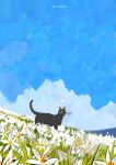  animal animal_focus artist_name black_cat blue_sky cat clouds commentary day english_commentary field flower flower_field gatoiberico grass highres no_humans original outdoors sky white_flower 