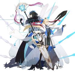  1boy 1girl ahoge armor armored_dress artoria_caster_(fate) artoria_caster_(third_ascension)_(fate) artoria_pendragon_(fate) black_footwear black_gloves black_hair black_ribbon black_robe blonde_hair blue_bow blue_ribbon bow bracelet cape crown dress elbow_gloves fate/grand_order fate_(series) fur_trim gloves gold_trim green_eyes hair_bow holding holding_staff holding_weapon jewelry long_dress long_hair long_sleeves multicolored_ribbon ne_f_g_o oberon_(fate) oberon_(third_ascension)_(fate) open_mouth red_ribbon rhombus ribbon robe short_hair staff weapon white_background white_cape white_dress white_fur 