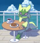  claws closed_mouth clouds commentary_request cup day doughnut floragato food highres ibusaki_(ivu) outdoors pokemon pokemon_(creature) saucer sky solo table water 