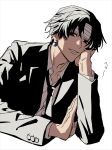  1boy bandaged_head bandages black_eyes black_hair black_suit chrollo_lucilfer collarbone earrings formal highres hunter_x_hunter jewelry long_sleeves looking_at_viewer male_focus necktie shirt short_hair simple_background smile sokorahenyo solo suit upper_body white_background white_shirt 
