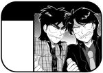  2boys angry banknote blazer clenched_teeth commentary_request greyscale holding holding_money ichijou_seiya itou_kaiji jacket kaiji long_hair looking_at_another lowres male_focus medium_bangs money monochrome morota multiple_boys necktie outline plaid plaid_shirt shirt suit sweat teeth undershirt upper_body v-shaped_eyebrows 